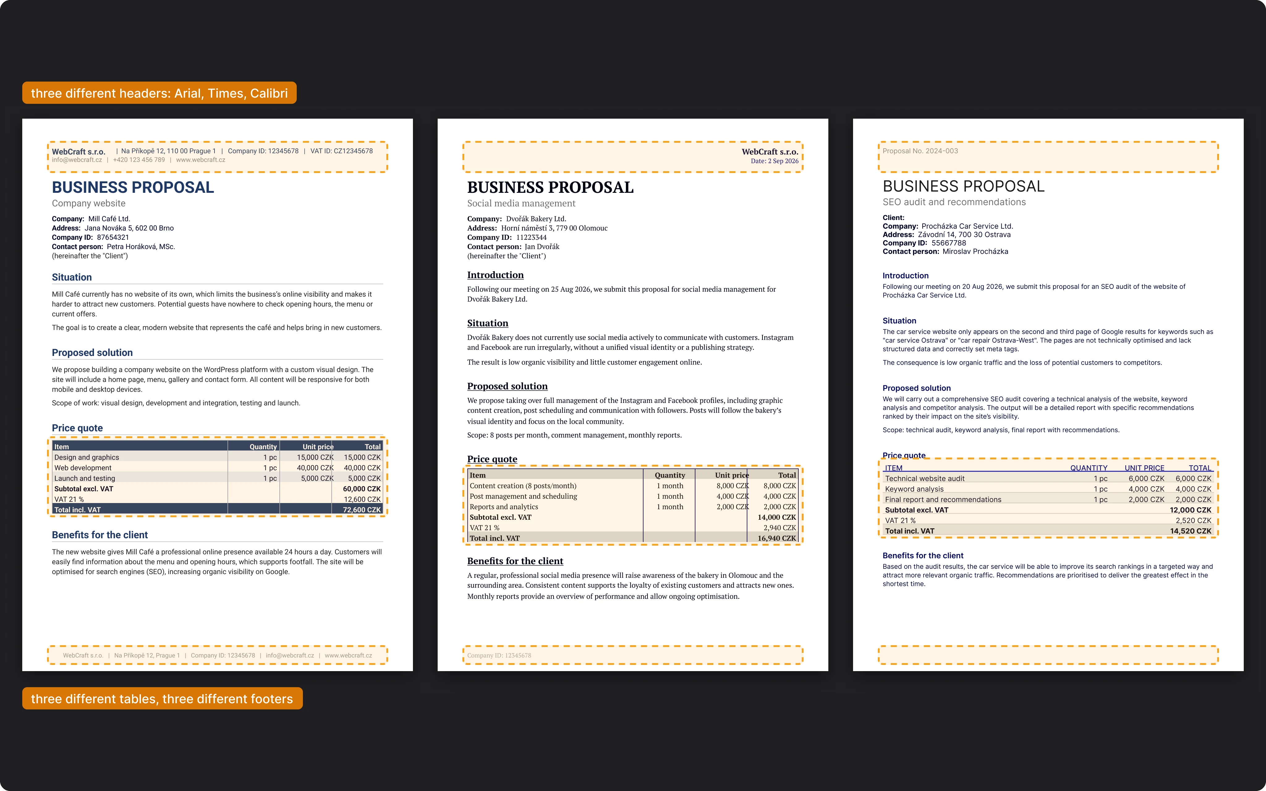 Three quotes in three different formats: a different header, table and footer in each