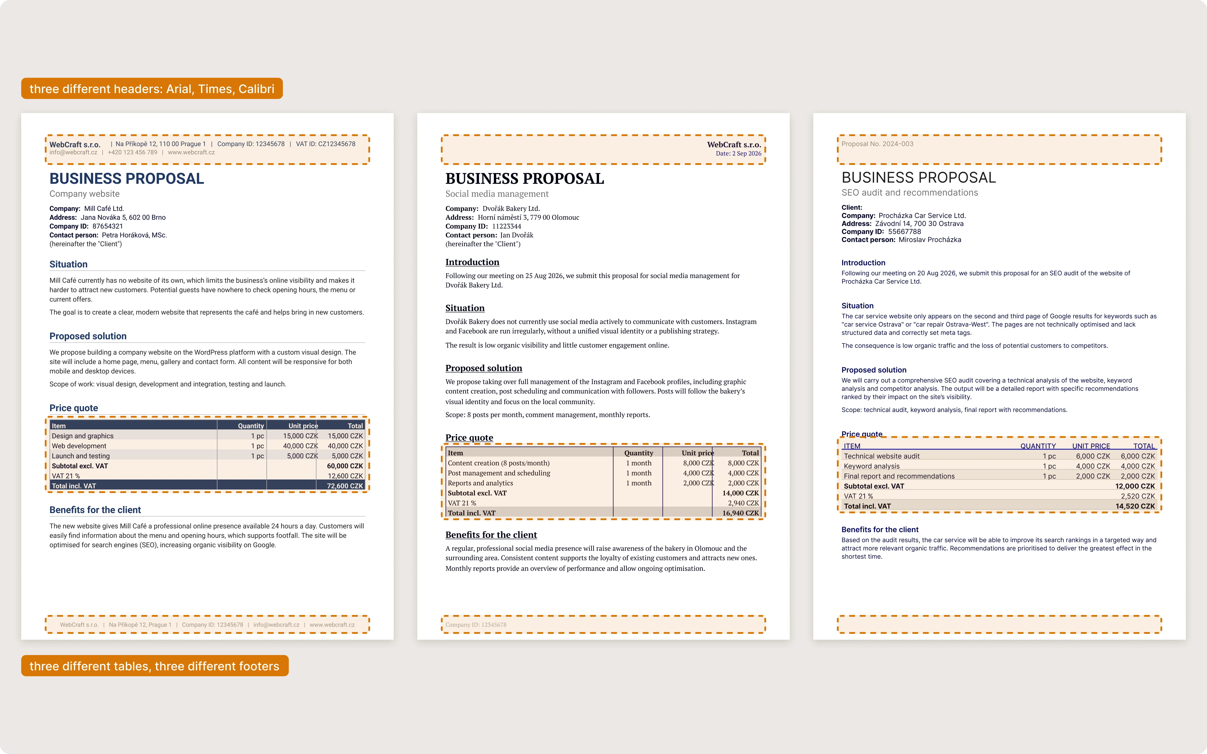 Three quotes in three different formats: a different header, table and footer in each