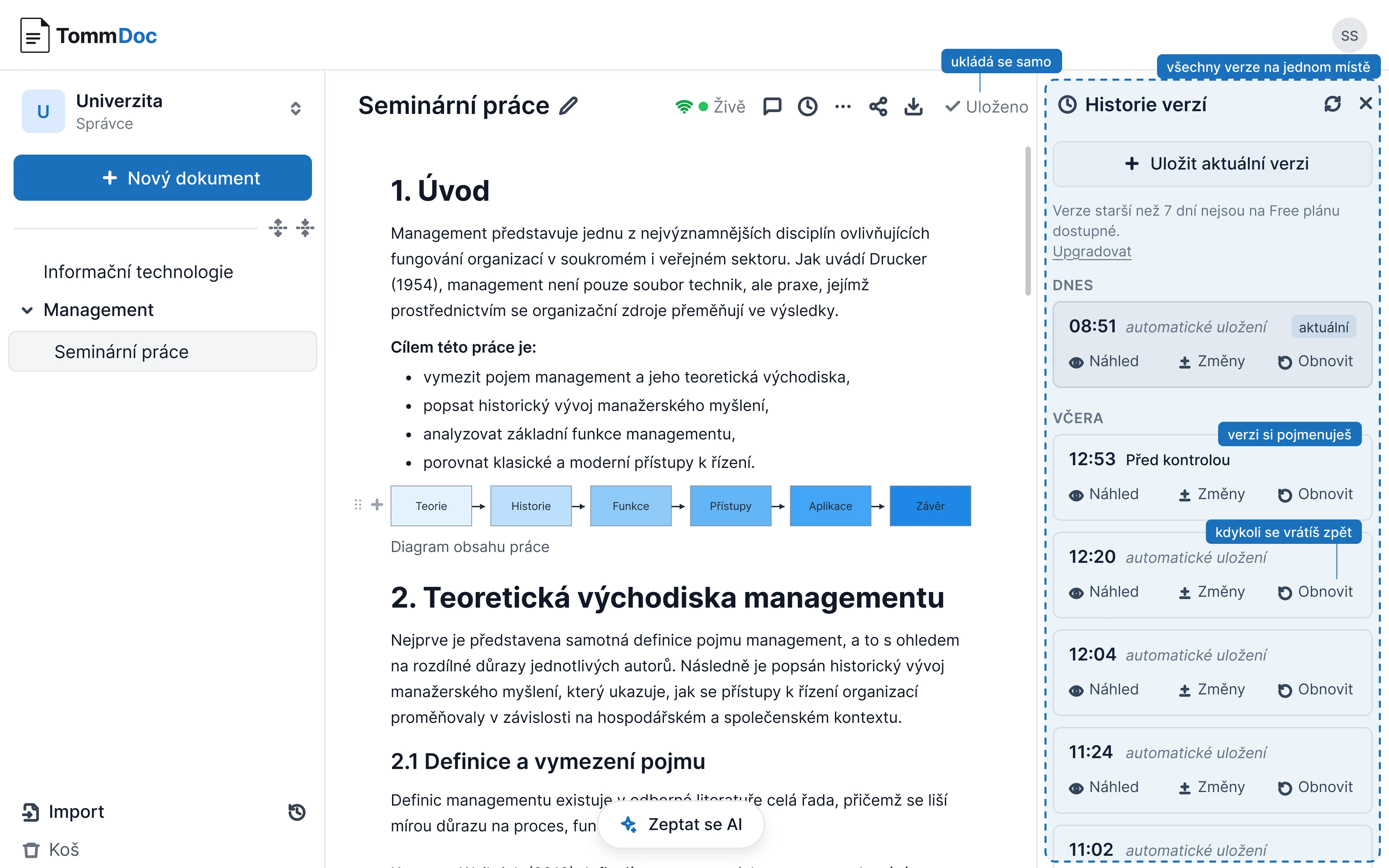 Editor TommDoc s panelem historie verzí: automatická uložení i pojmenované verze