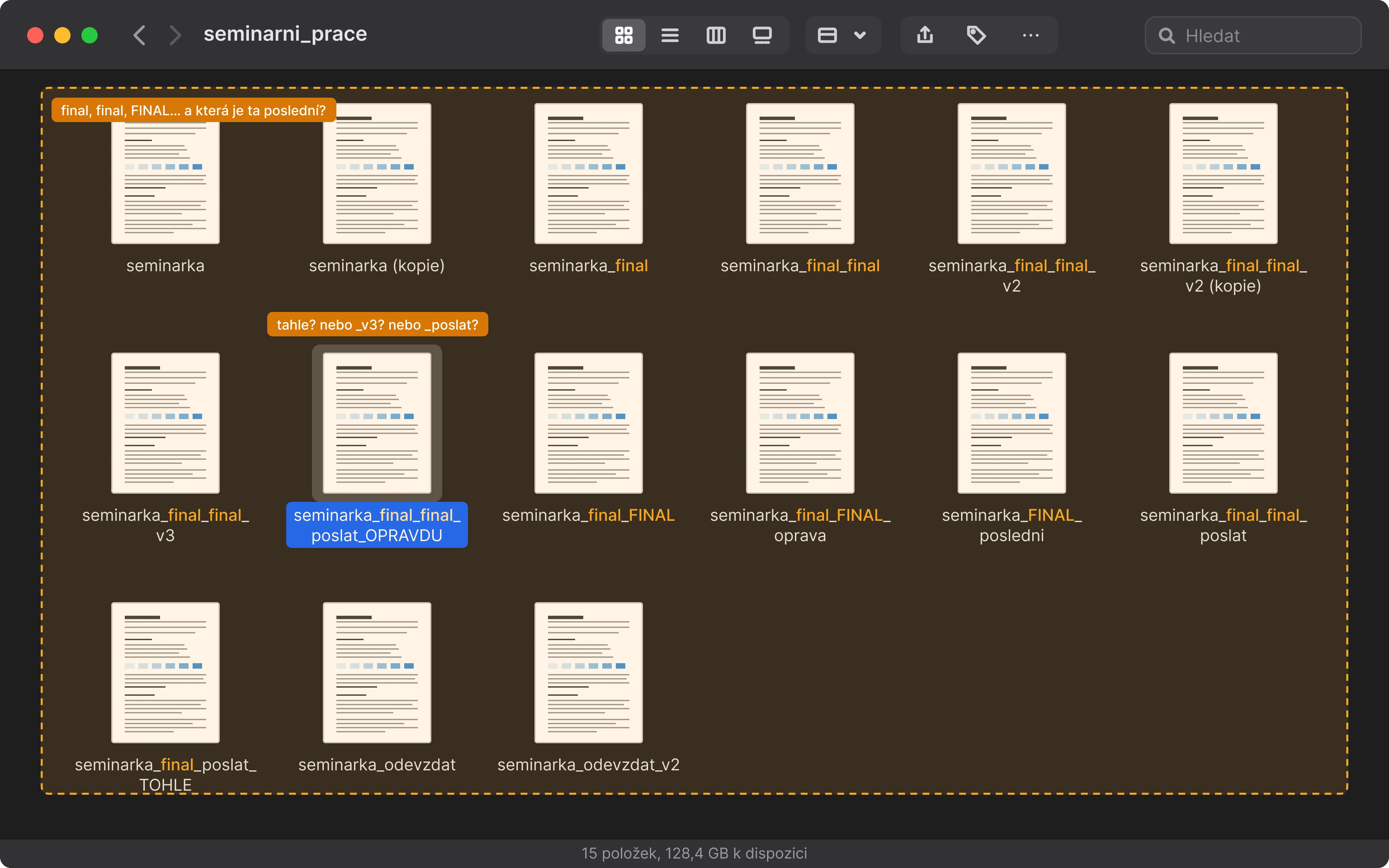 Finder plný kopií jednoho dokumentu: seminarka, seminarka (kopie), seminarka_final_final_v3