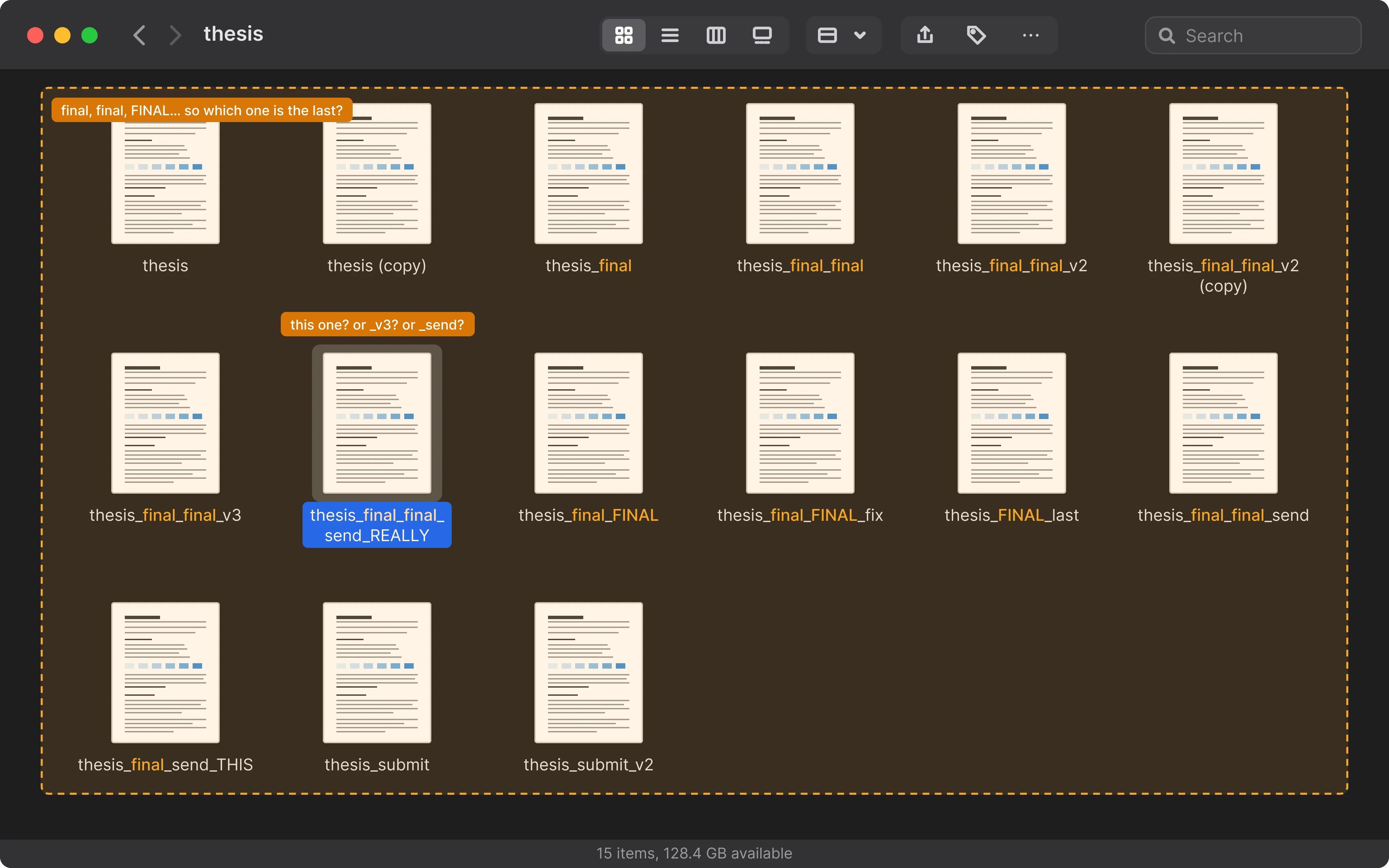 A folder full of copies of one document: thesis, thesis (copy), thesis_final_final_v3