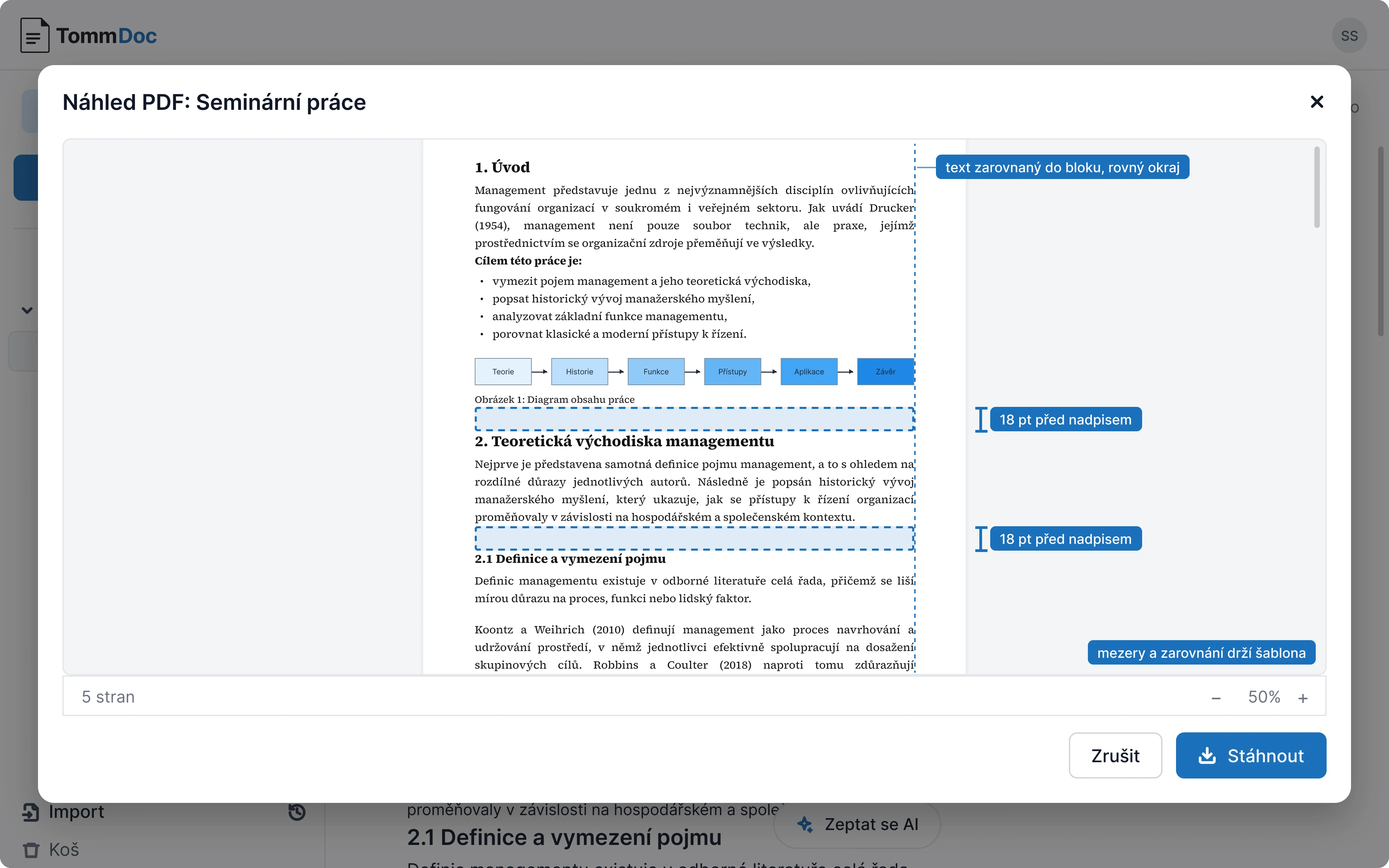 Náhled PDF podle šablony: jednotné mezery, zarovnání do bloku a odsazení nadpisů