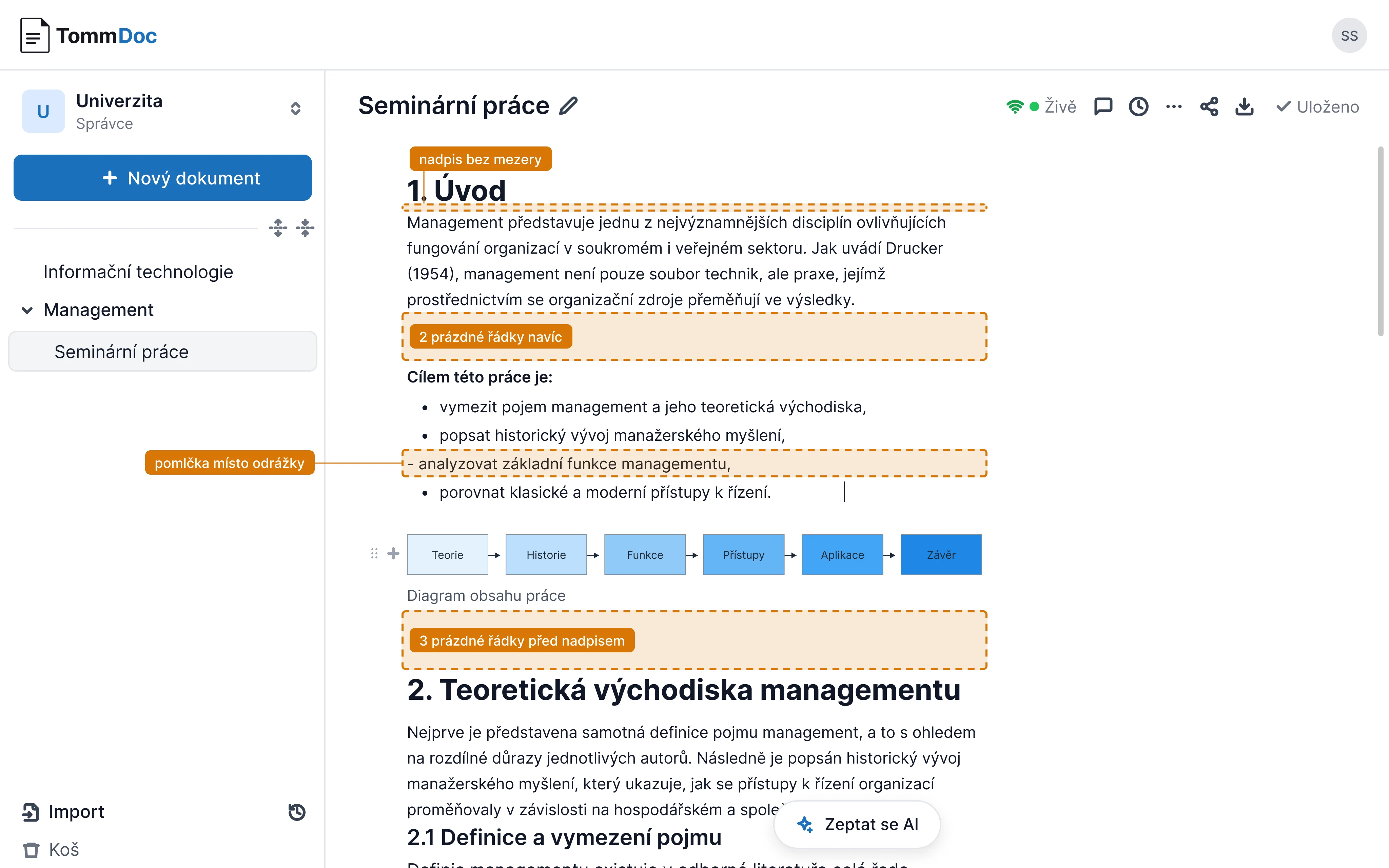 Ručně formátovaná seminární práce: nadpis bez mezery, pomlčka místo odrážky, prázdné řádky navíc