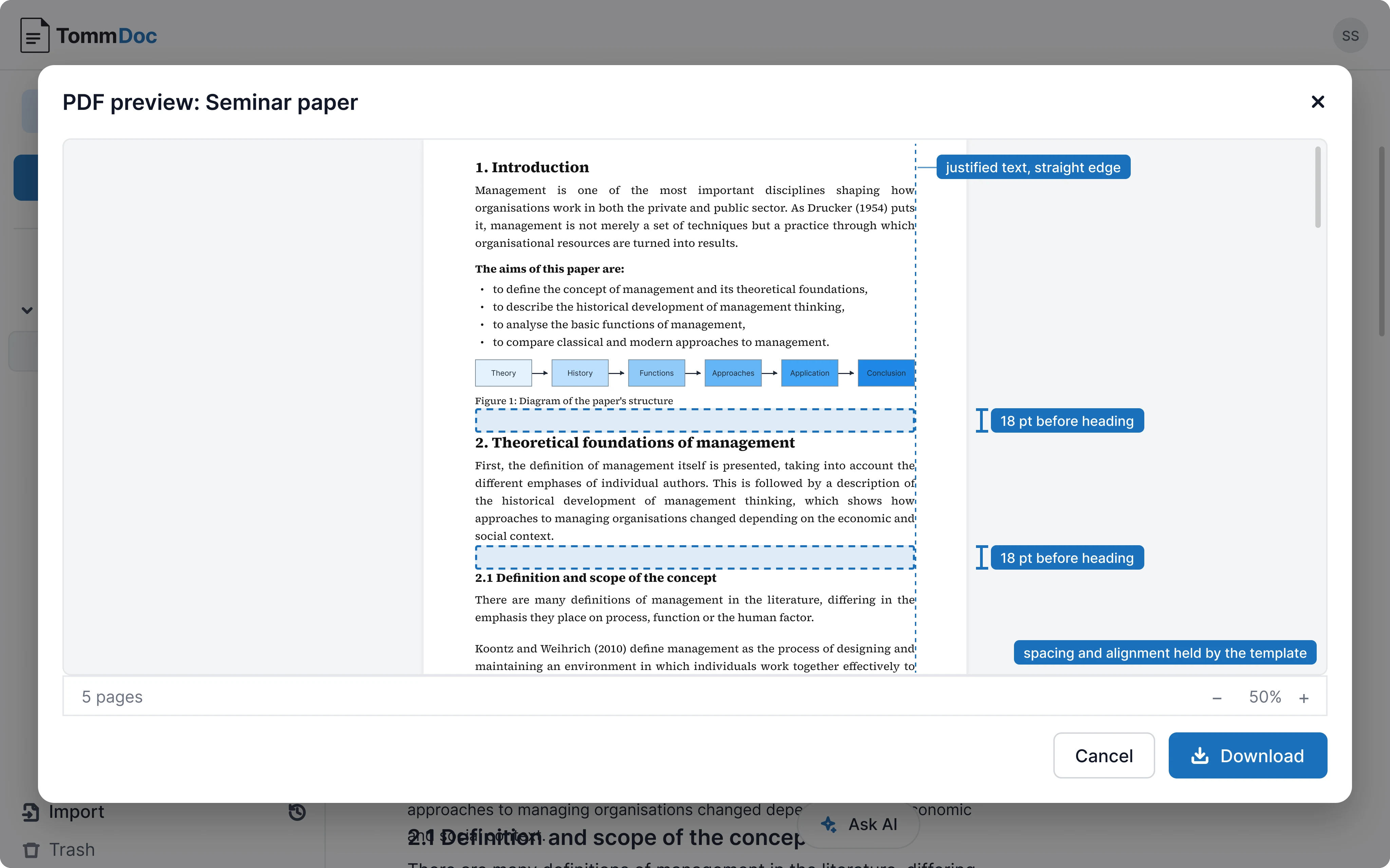 A PDF preview built from the template: consistent spacing, justified text and indented headings
