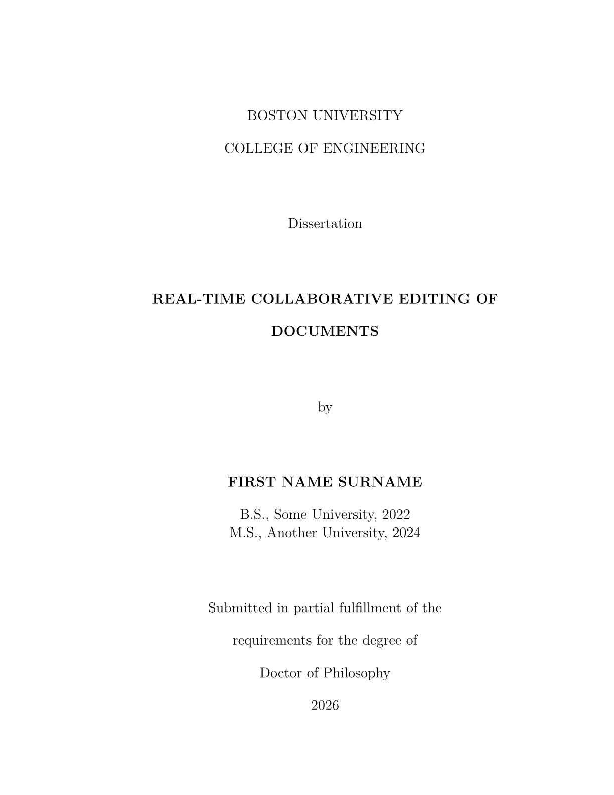 Page 1 du document d’exemple dans le modèle Mémoire du College of Engineering de la Boston University