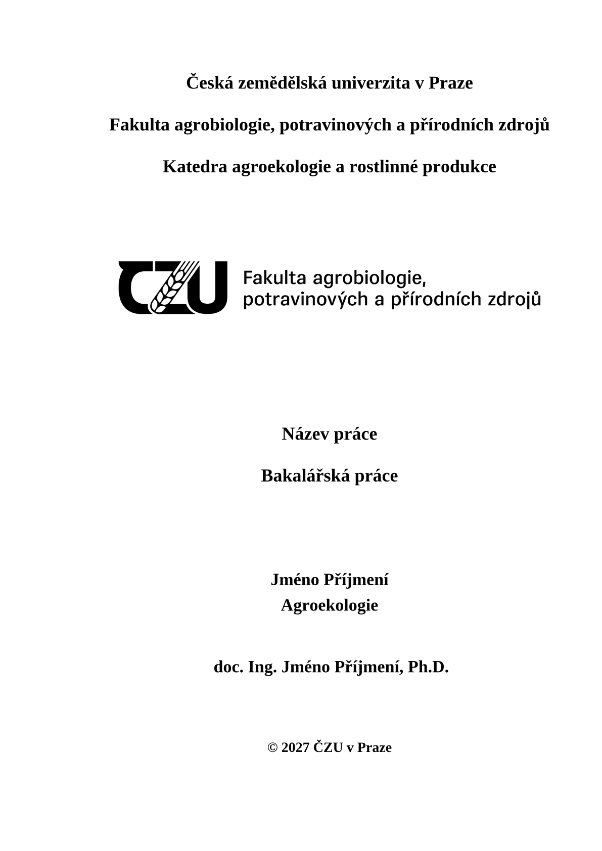 Page 1 of the sample document in the FAFNR CZU thesis template