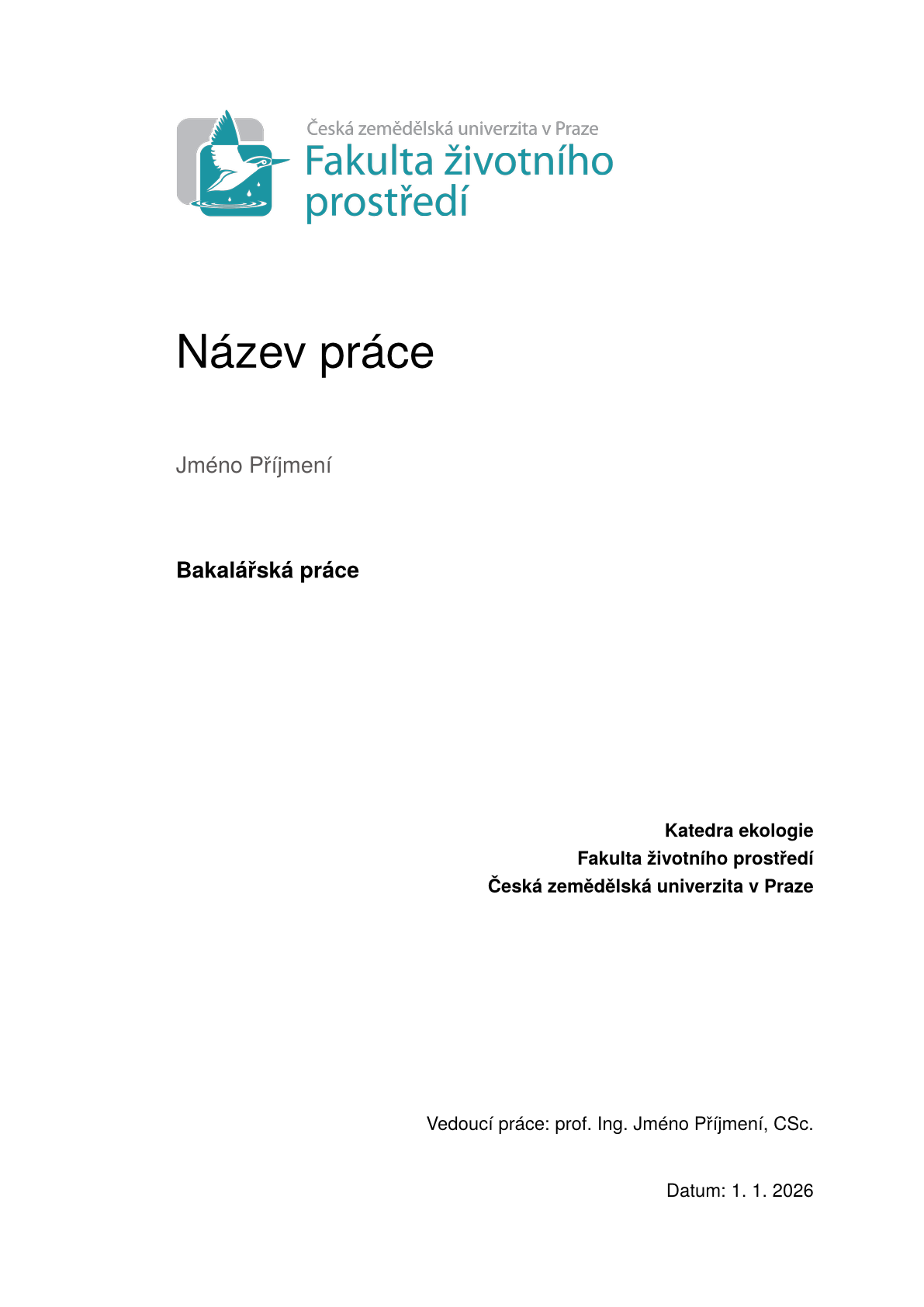 Page 1 of the sample document in the FES CZU thesis template