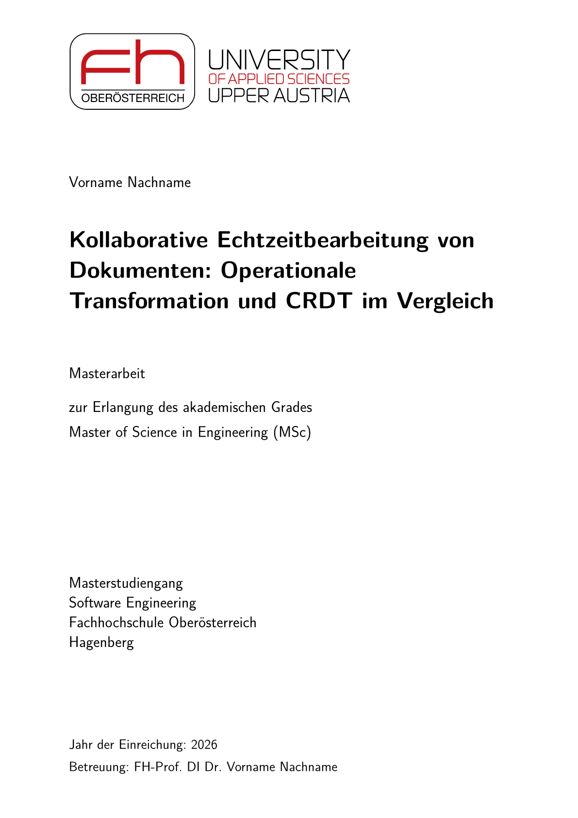 Page 1 du document d’exemple dans le modèle Mémoire FH Oberösterreich, Campus Hagenberg