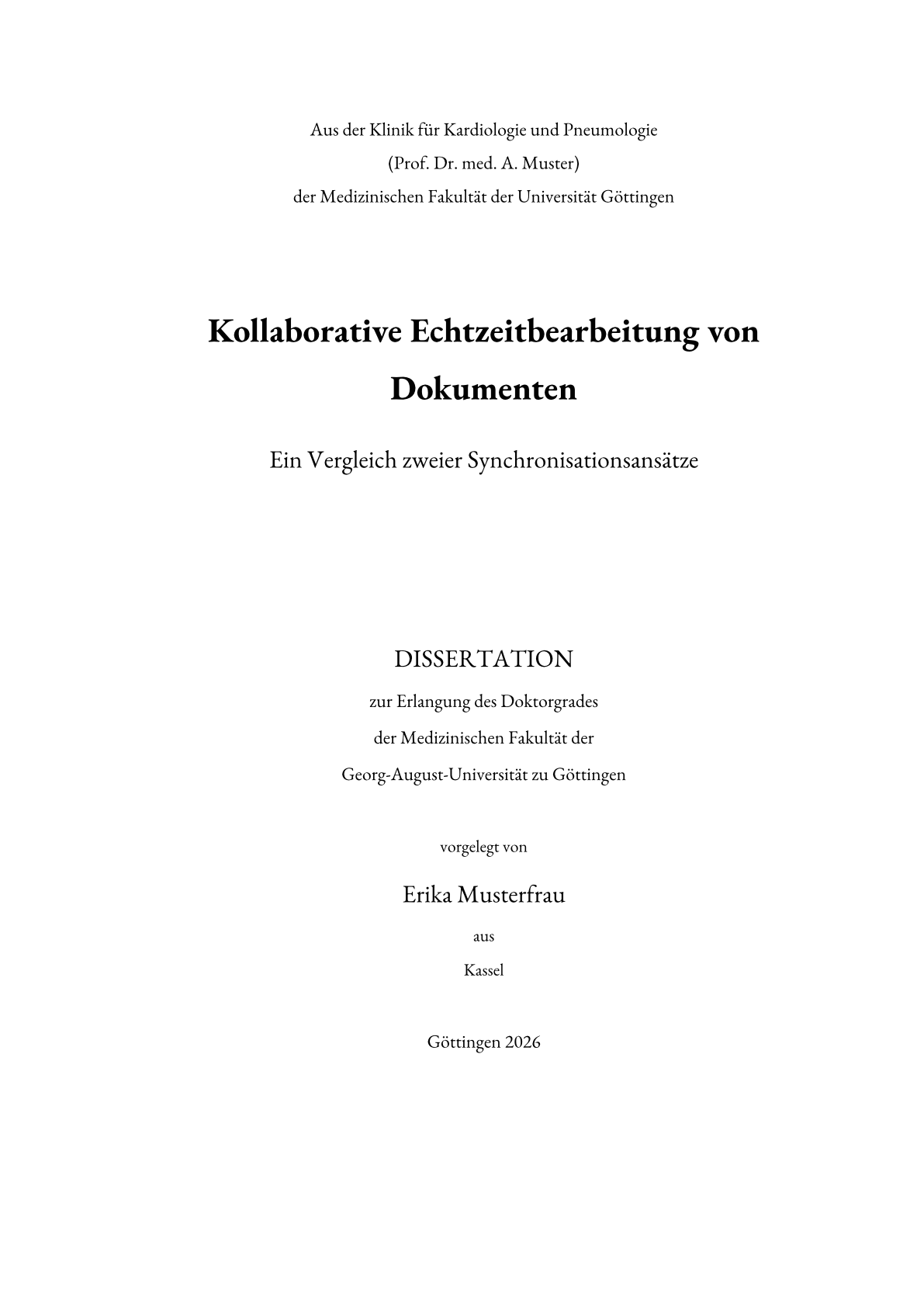 Strana 1 ukážkového dokumentu v šablóne Dizertácia Lekárskej fakulty Univerzity v Göttingene
