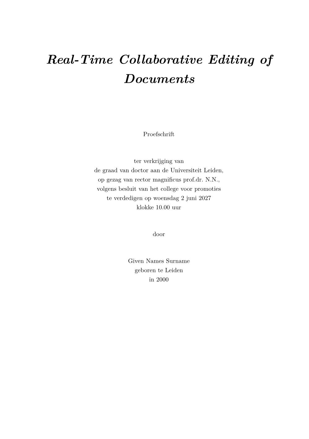 Page 1 du document d’exemple dans le modèle Thèse de doctorat de l'Université de Leyde