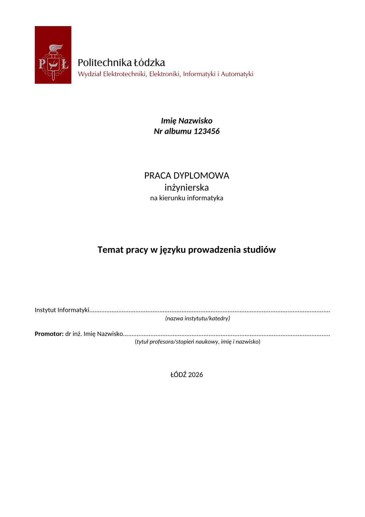 Página 1 do documento de exemplo no modelo Trabalho final da Universidade de Tecnologia de Łódź (Politechnika Łódzka)