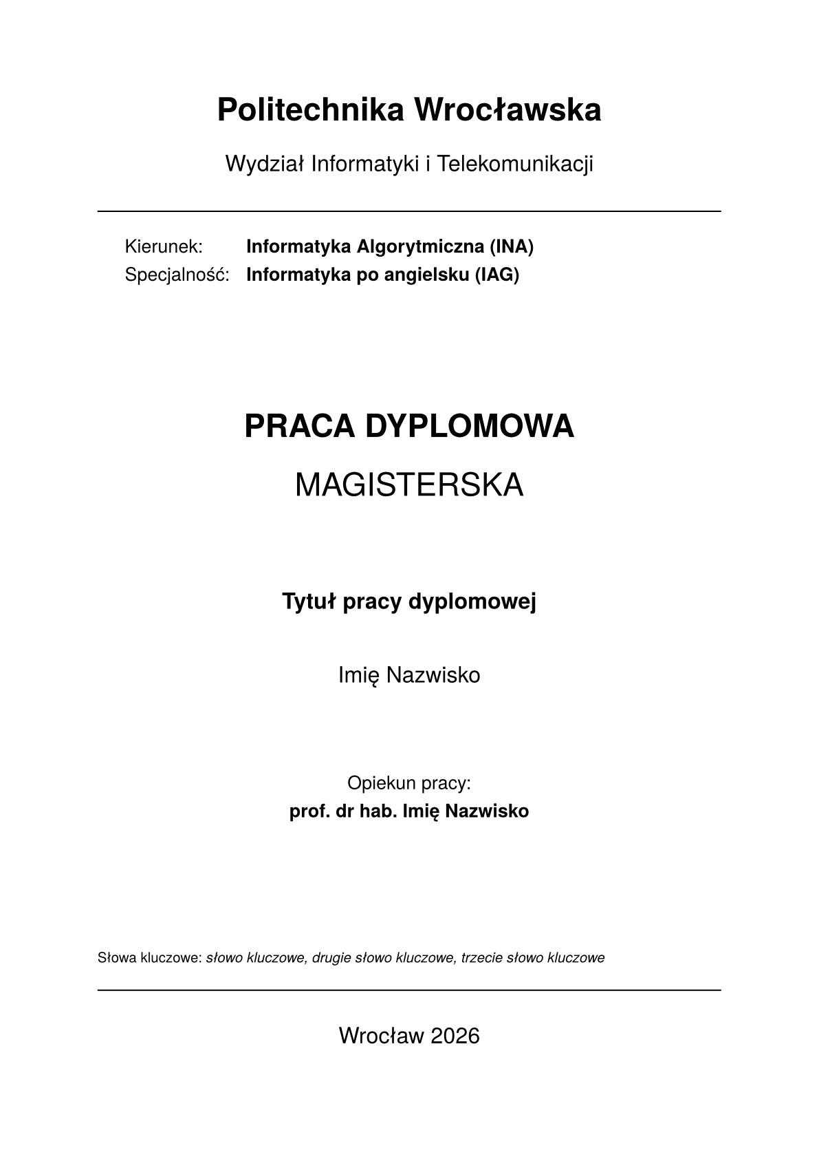 Page 1 of the sample document in the Wrocław University of Science and Technology, Faculty of Information and Communication Technology thesis template