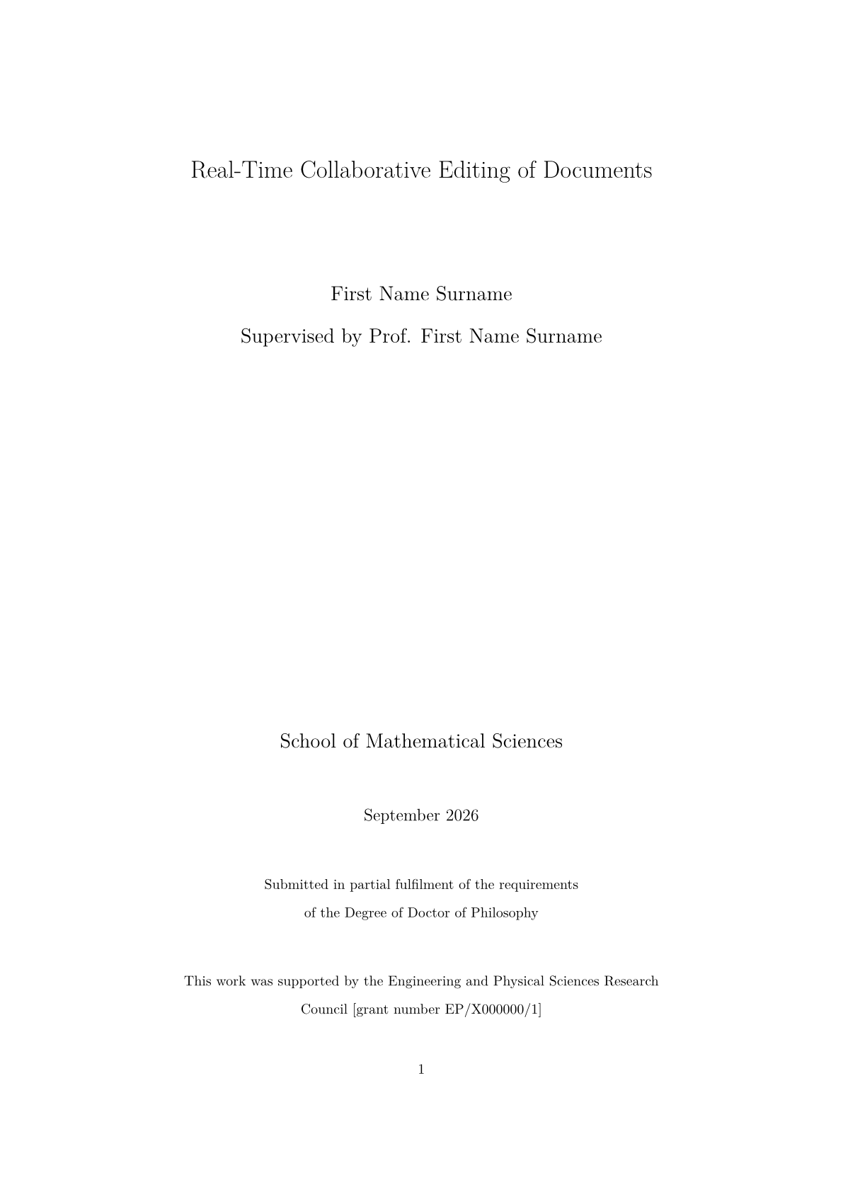 Página 1 do documento de exemplo no modelo Tese da School of Mathematical Sciences, Queen Mary University of London