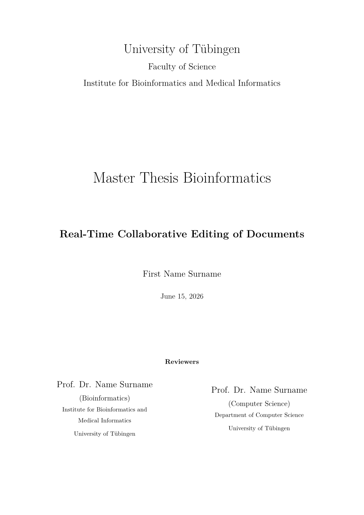 Pagina 1 del documento di esempio nel modello Tesi della cattedra Algorithmen der Bioinformatik dell'Università di Tubinga