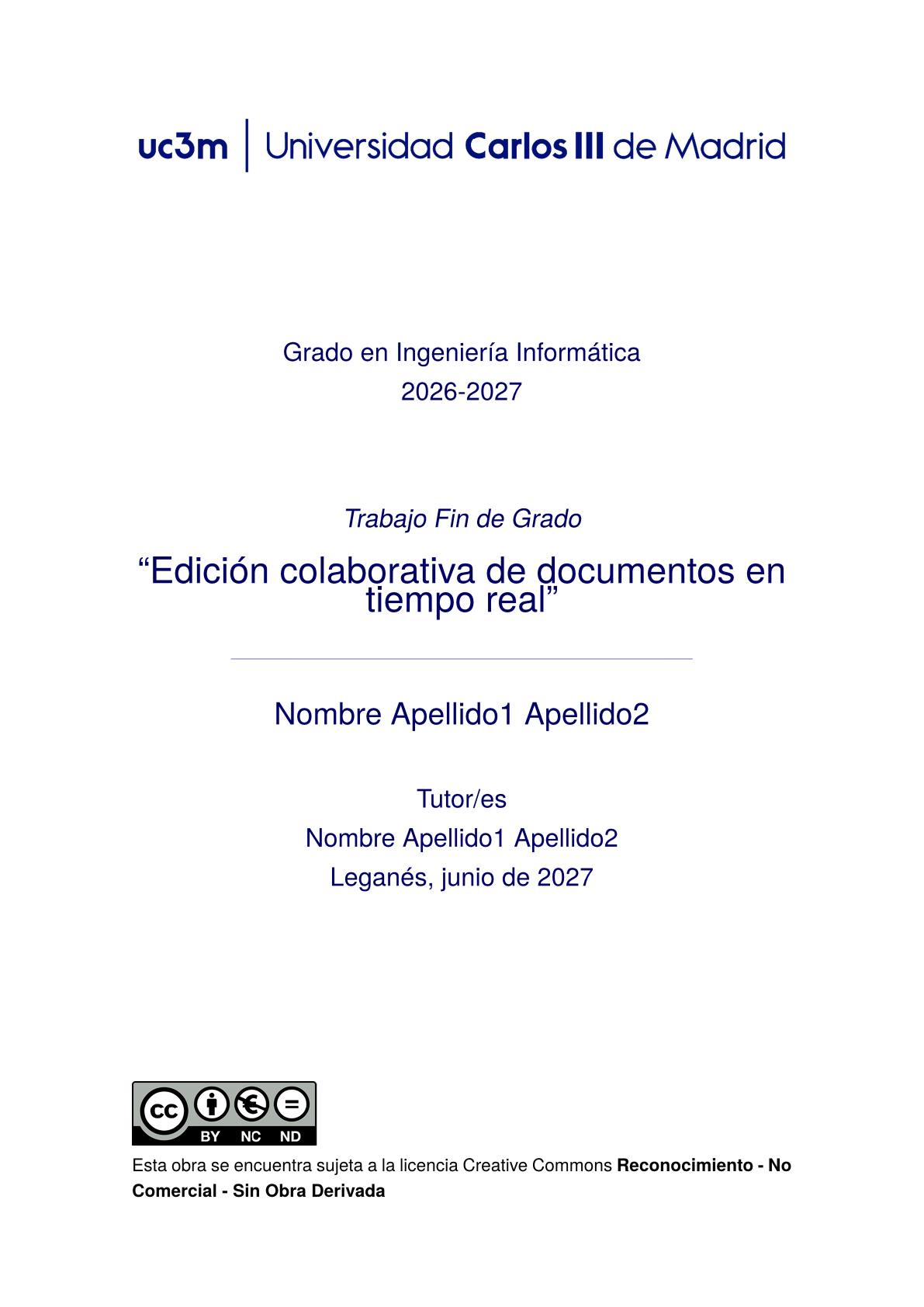 Pagina 1 del documento di esempio nel modello Tesi triennale e magistrale dell'Universidad Carlos III de Madrid