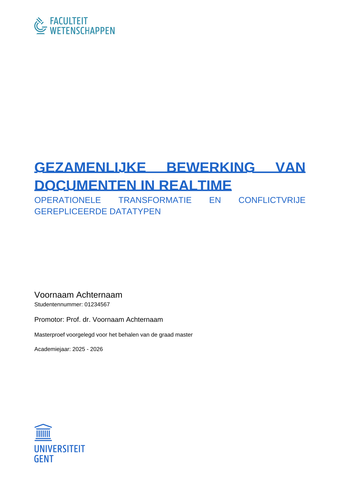 Page 1 du document d’exemple dans le modèle Mémoire de bachelier, de master et thèse de doctorat de l'Université de Gand