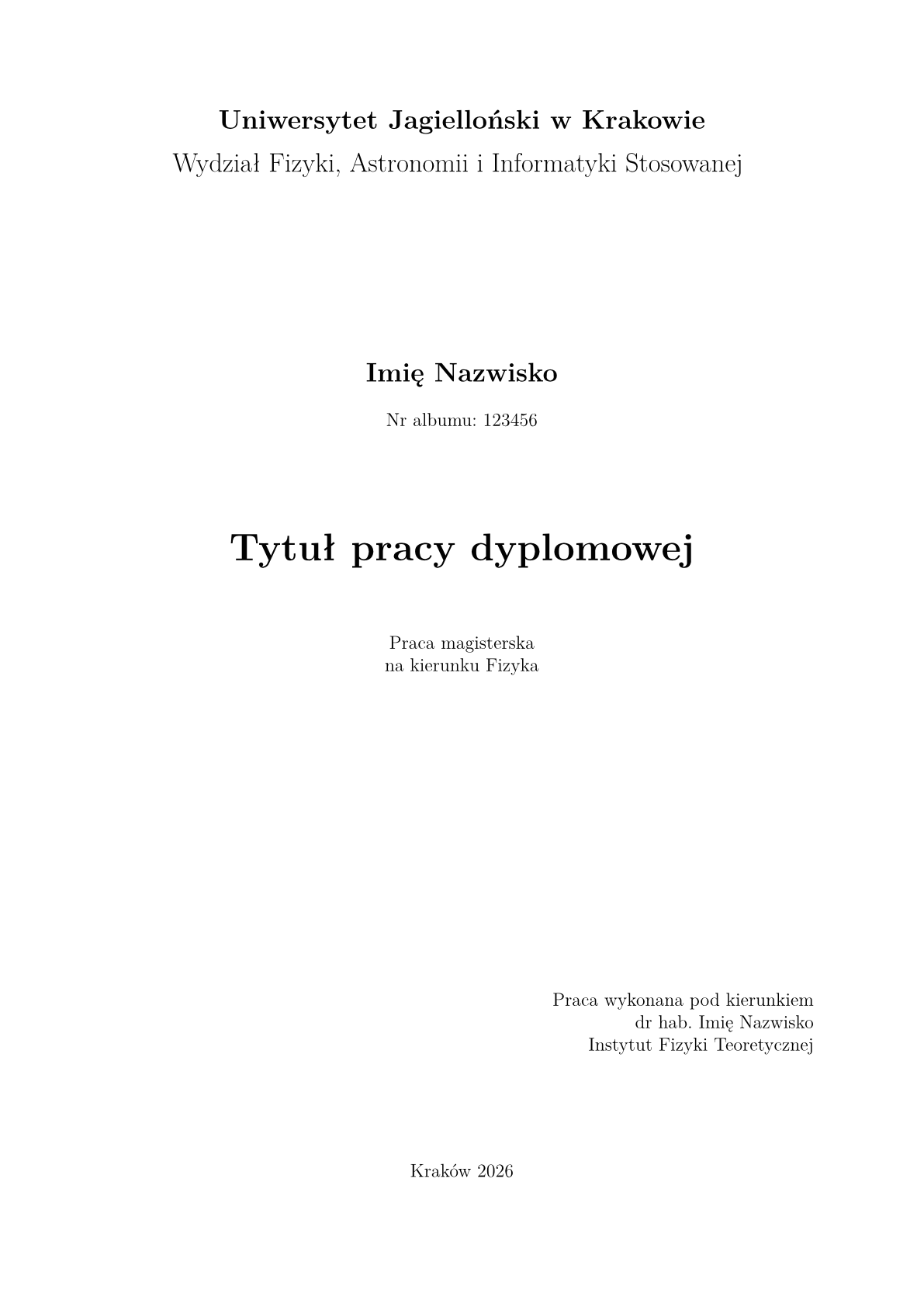Page 1 of the sample document in the Jagiellonian University Faculty of Physics, Astronomy and Applied Computer Science thesis template
