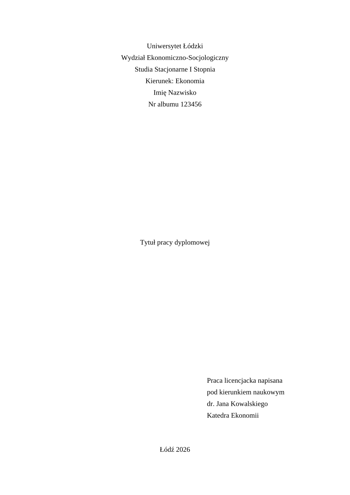 Page 1 of the sample document in the University of Lodz Faculty of Economics and Sociology thesis template