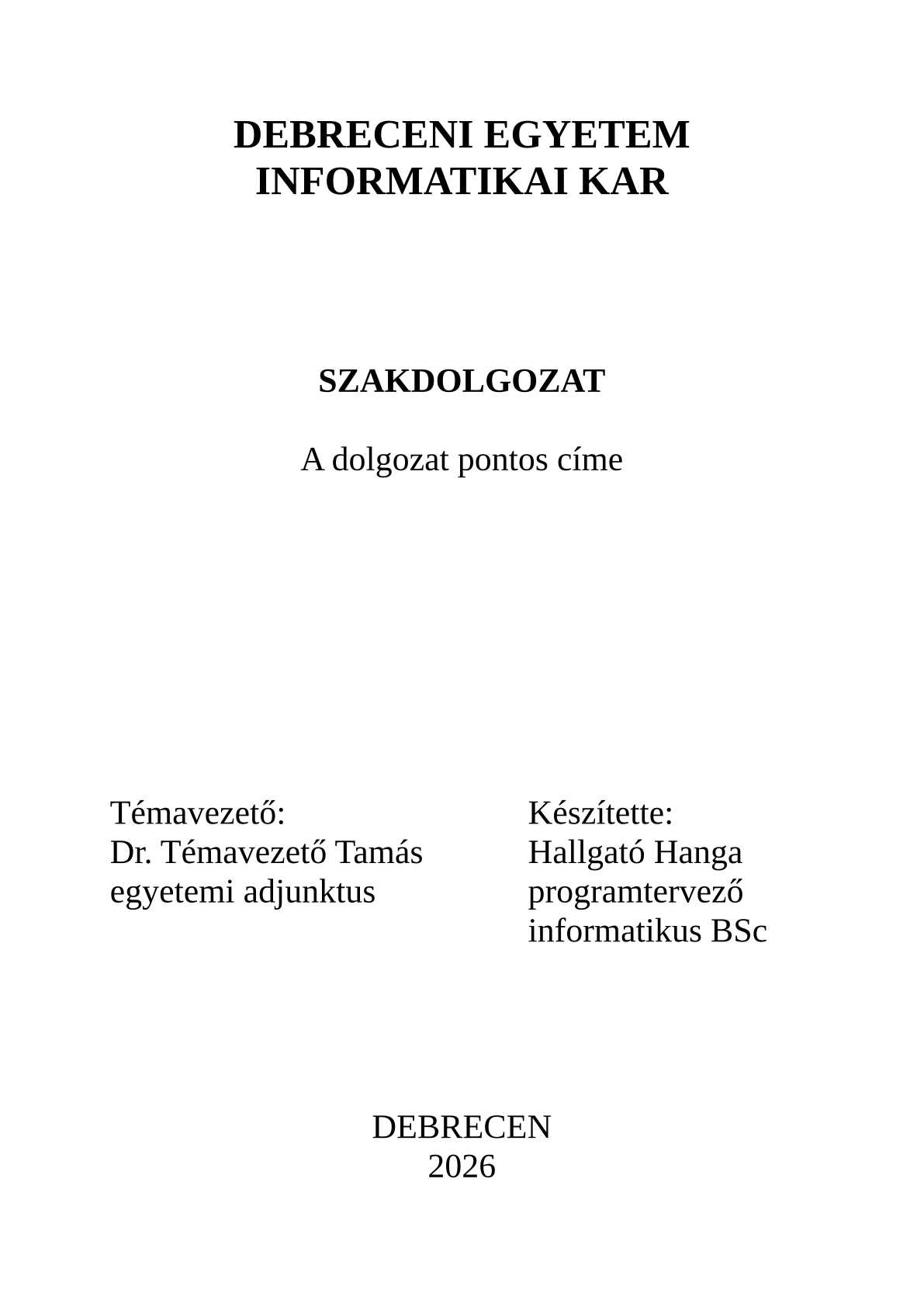 Page 1 of the sample document in the University of Debrecen thesis (Faculty of Informatics) template