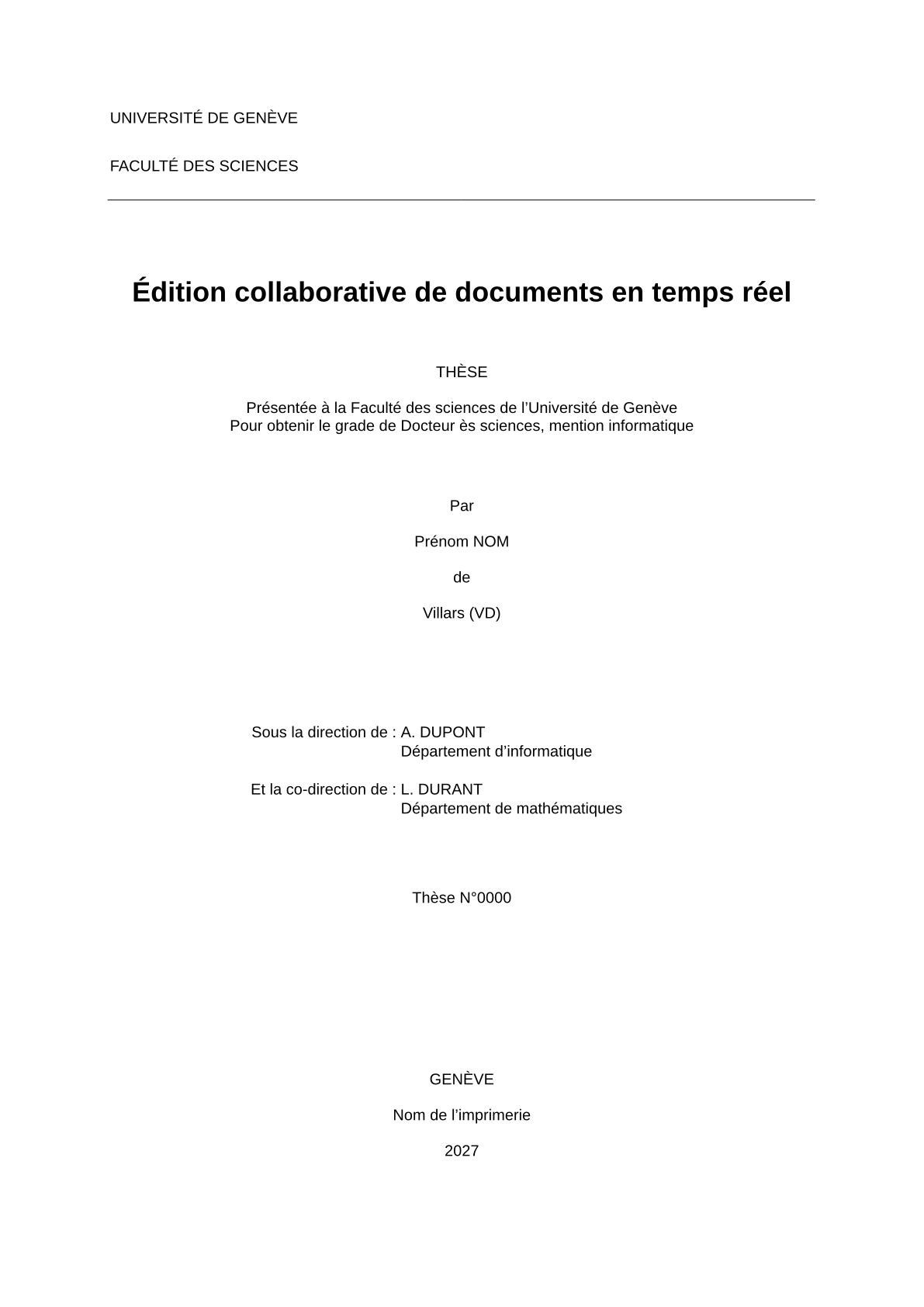 Strana 1 ukázkového dokumentu v šabloně Závěrečná práce Université de Genève