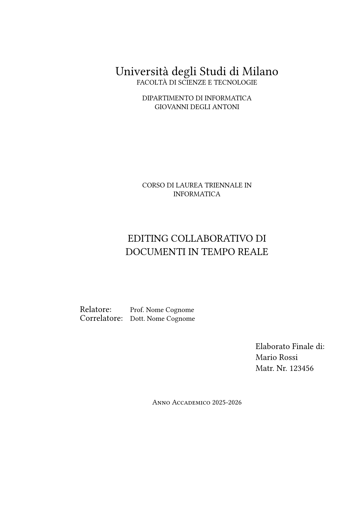 Pagina 1 del documento di esempio nel modello Tesi dell'Università degli Studi di Milano, Dipartimento di Informatica