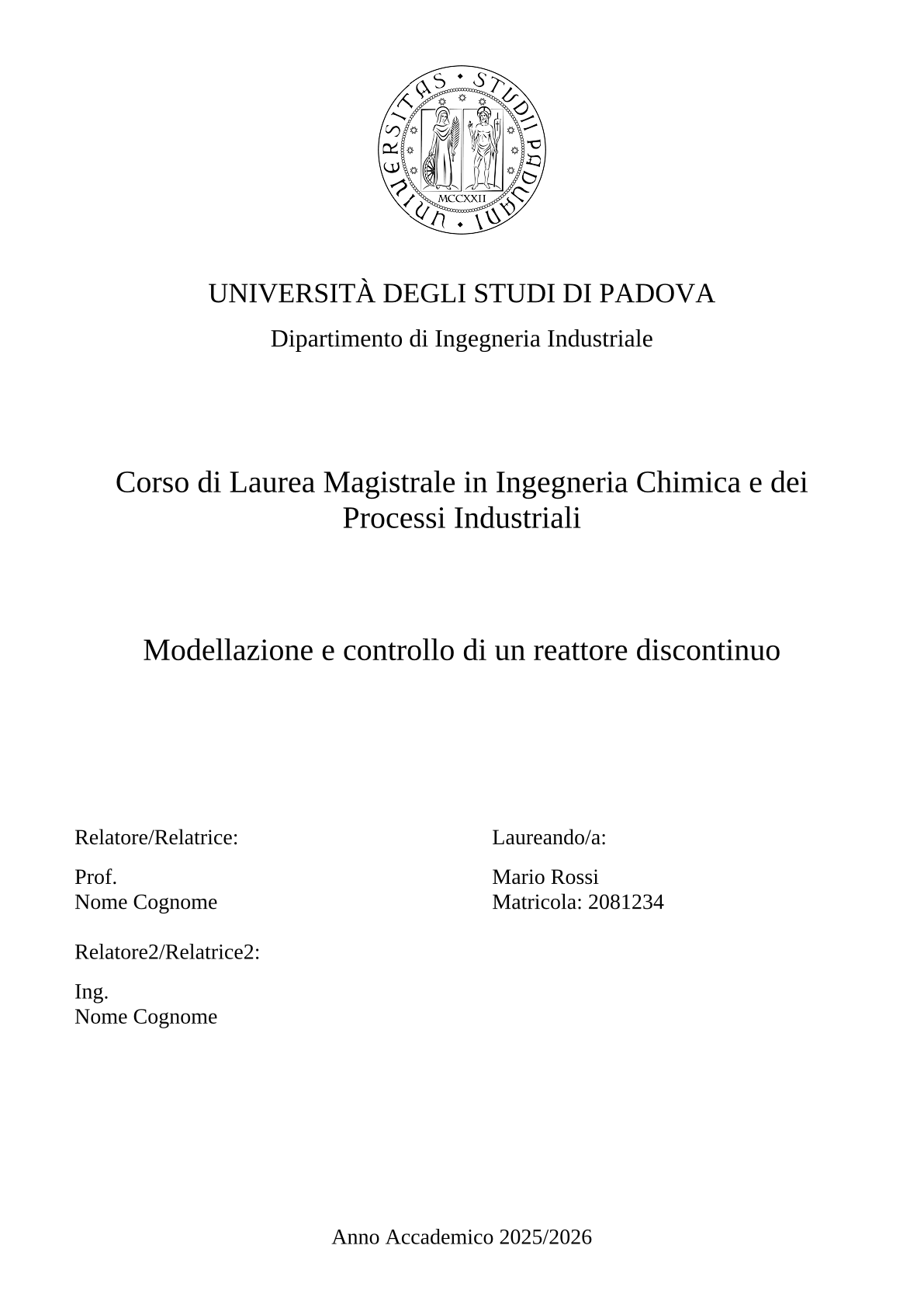 Strana 1 ukázkového dokumentu v šabloně Bakalářská a diplomová práce Università di Padova (Dipartimento di Ingegneria Industriale)