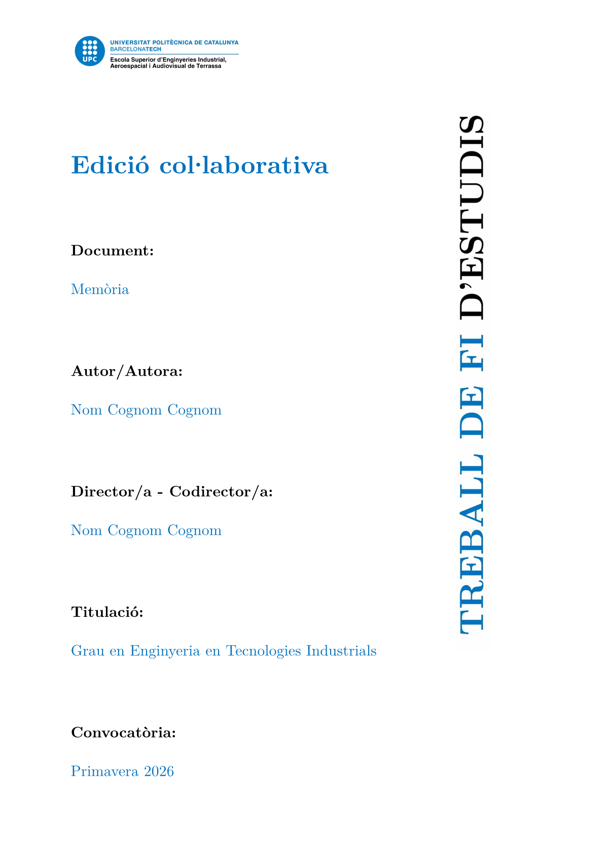 Page 1 of the sample document in the ESEIAAT, Universitat Politècnica de Catalunya final degree project template