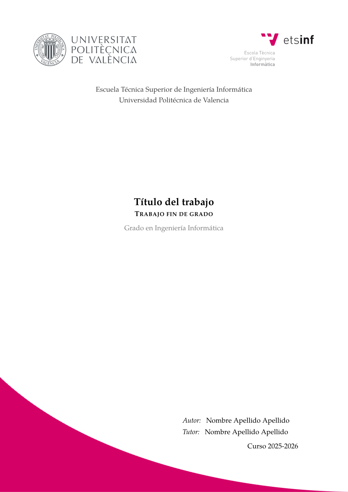 Page 1 of the sample document in the ETSINF Universitat Politècnica de València bachelor's and master's thesis template