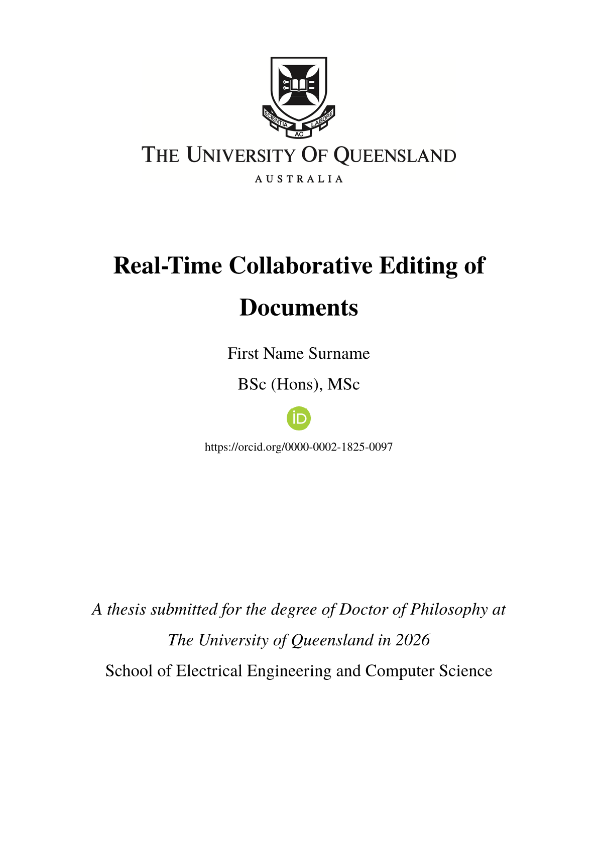 Pagina 1 del documento di esempio nel modello Tesi di dottorato della University of Queensland