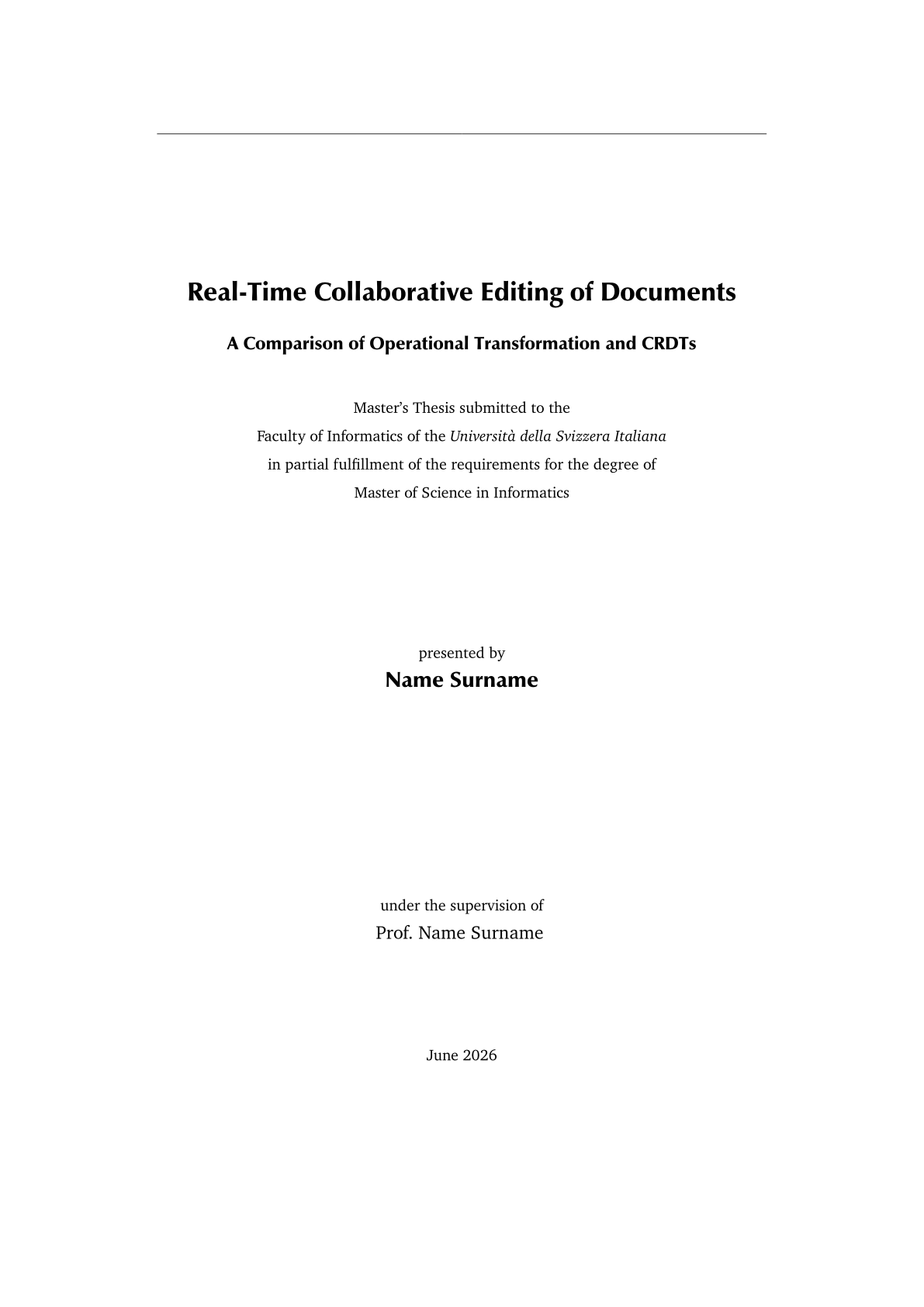 Página 1 do documento de exemplo no modelo Dissertação de mestrado Università della Svizzera italiana (USI)