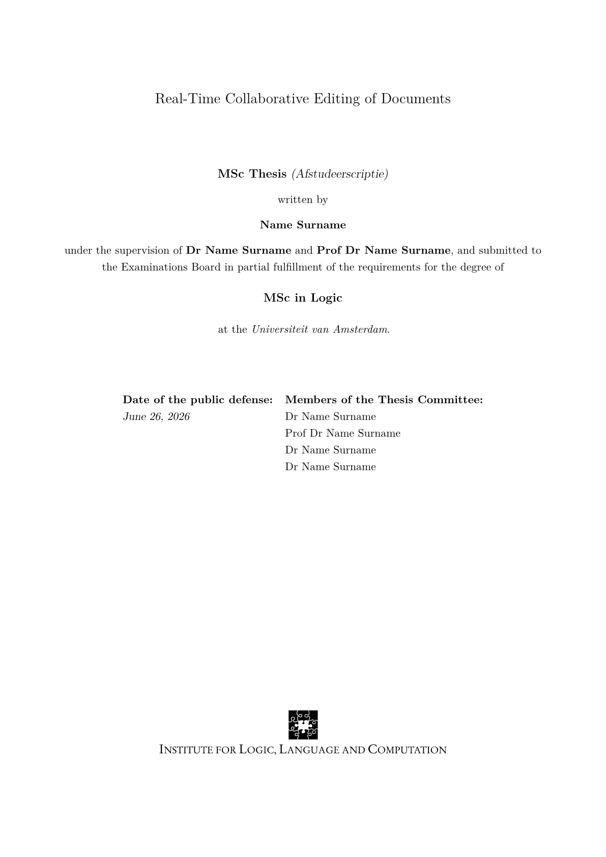 Página 1 do documento de exemplo no modelo Dissertação de mestrado Master of Logic (ILLC) da Universiteit van Amsterdam