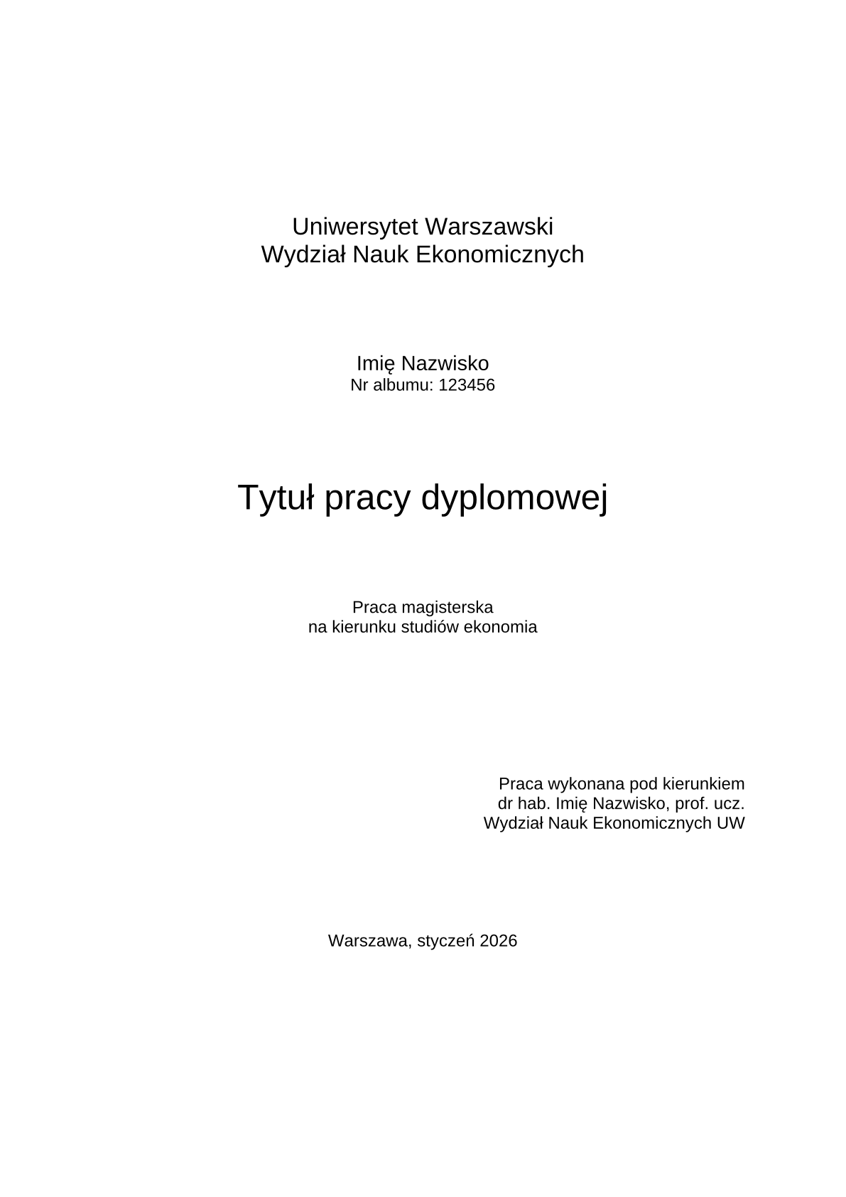 Strana 1 ukázkového dokumentu v šabloně Závěrečná práce Uniwersytetu Warszawskiego