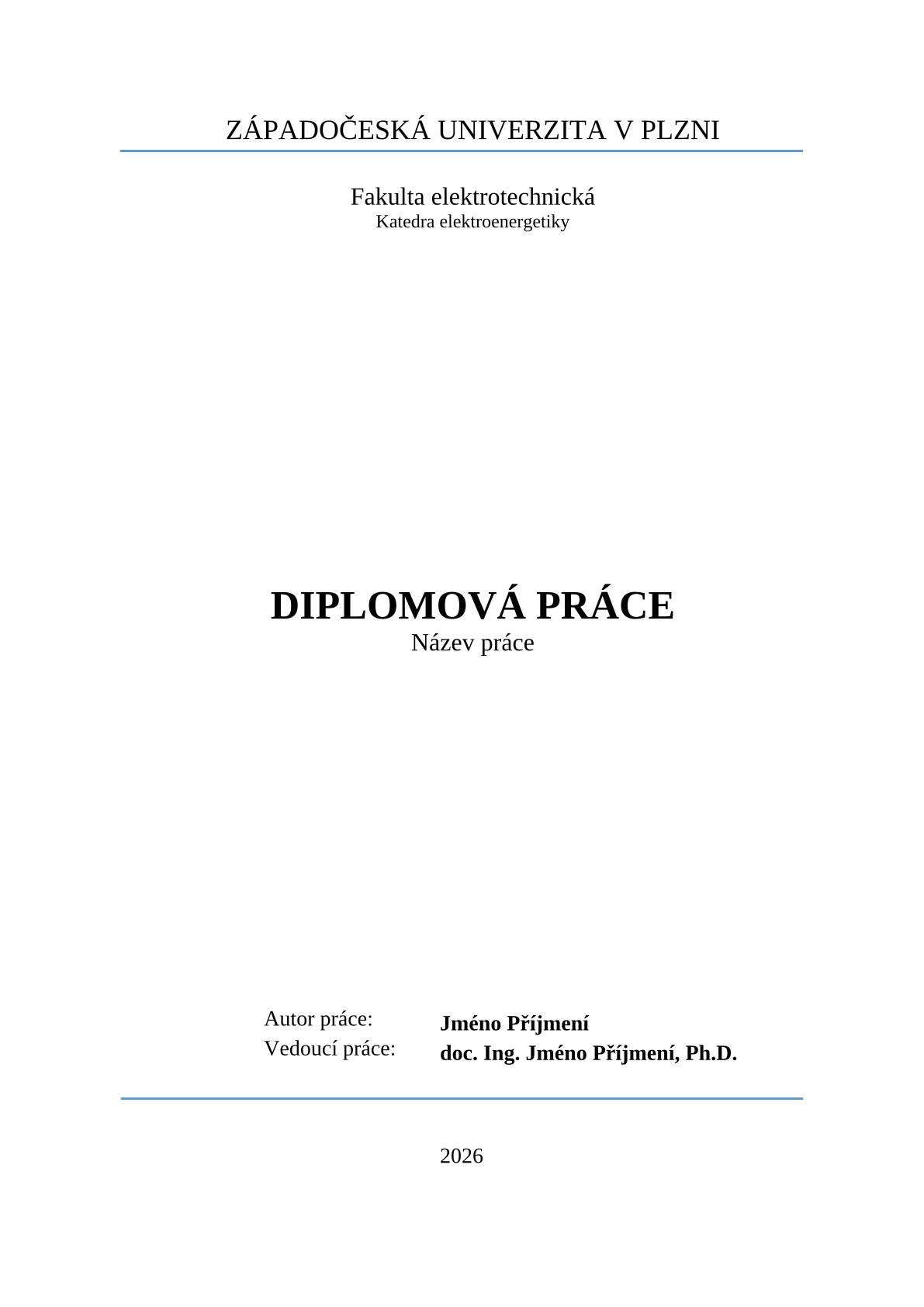 Page 1 du document d’exemple dans le modèle Mémoire de master FEL ZČU de Plzeň
