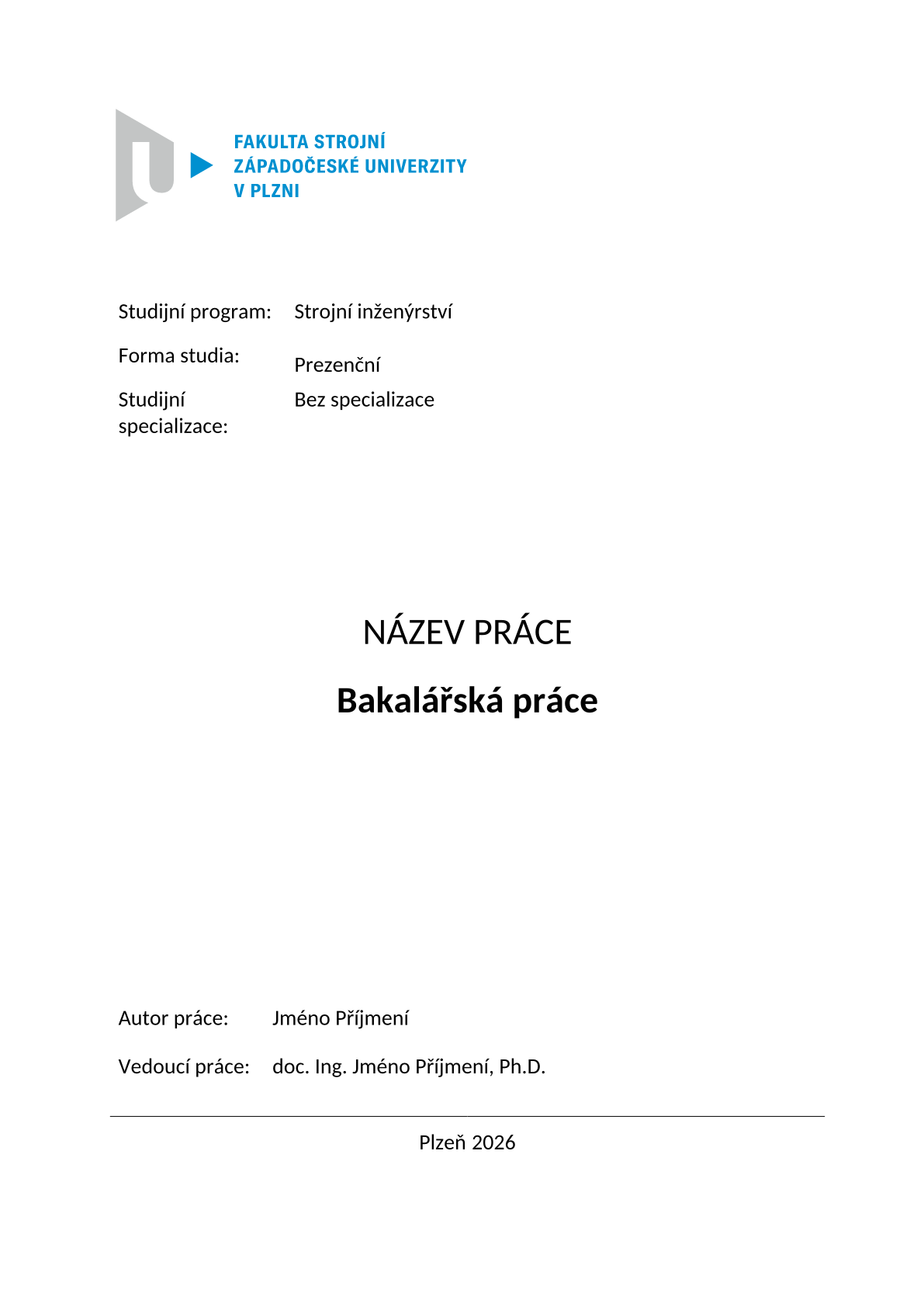 Pagina 1 del documento di esempio nel modello Tesi di laurea triennale e magistrale FST ZČU di Plzeň